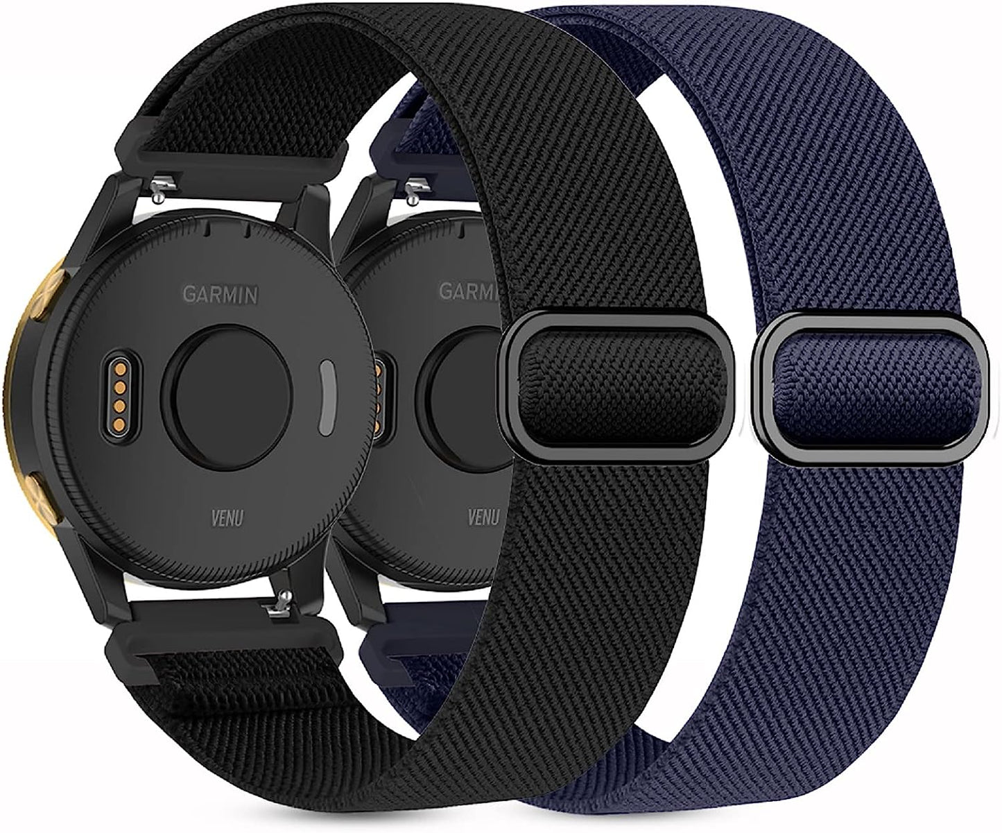2 Pack Stretchy Nylon Watch Bands Compatible with Garmin Venu/Venu Sq, 20Mm Loop Elastic Straps for Garmin Vivoactive 3,Venu 2 Plus/Venu Sq 2,Forerunner 645/55/245 Music for Women Men.  Kollody Black/Navy blue  