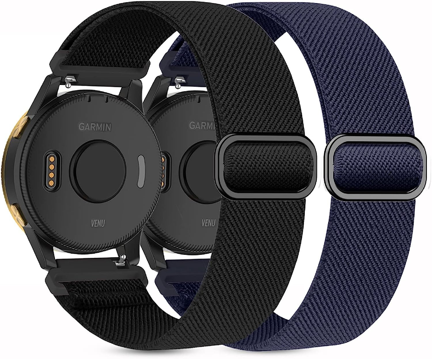 2 Pack Stretchy Nylon Watch Bands Compatible with Garmin Venu/Venu Sq, 20Mm Loop Elastic Straps for Garmin Vivoactive 3,Venu 2 Plus/Venu Sq 2,Forerunner 645/55/245 Music for Women Men.  Kollody Black/Navy blue  