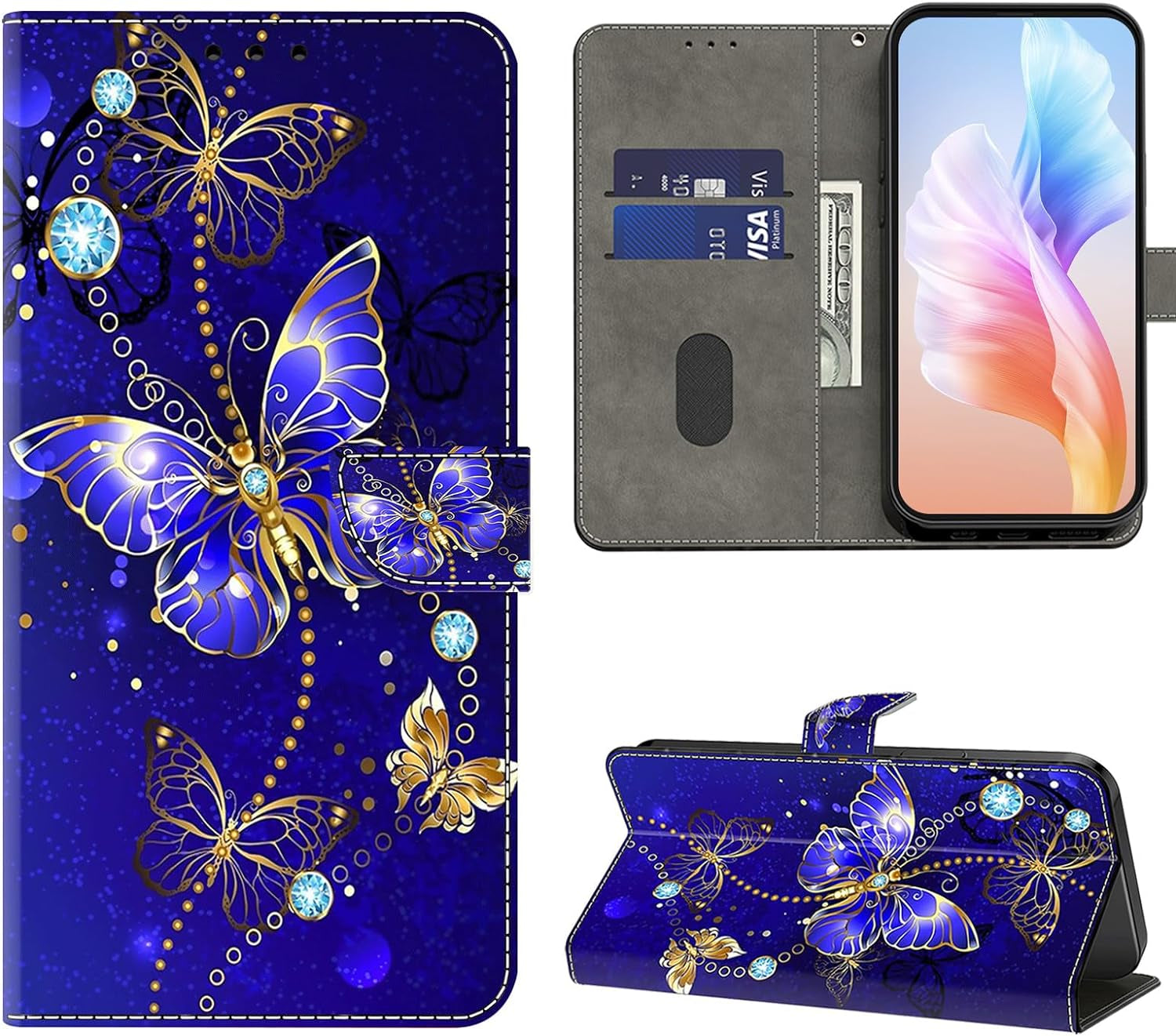 VODEFOX Case for LG G7 Thinq/Lg G7, PU Leather Wallet Case for LG G7 Thinq/Lg G7 6.1", Cute 3D Cartoon Design Card Slot Magnetic Closure Stand Protective Cover for Women - Golden Butterfly  VODEFOX Diamond Butterfly Lg G7 Thinq 