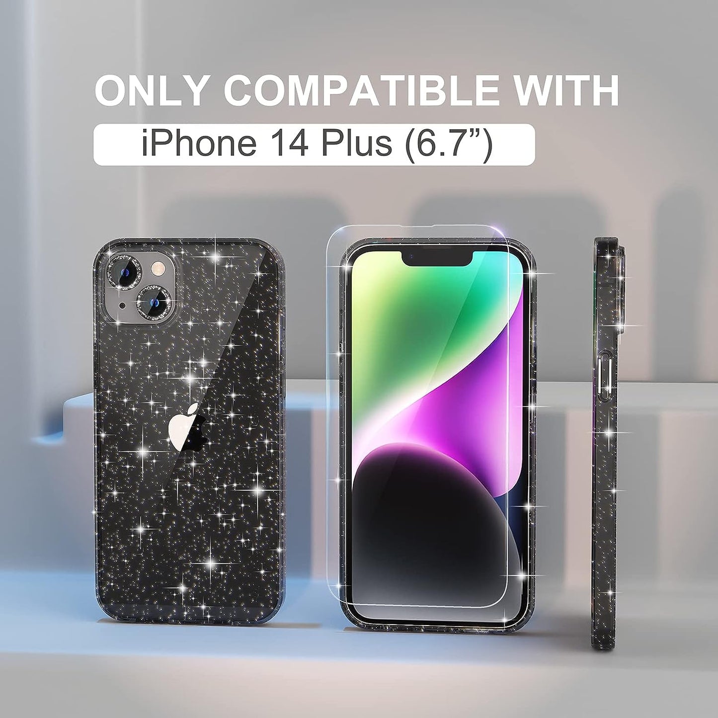 Choiche Compatible for Iphone 14 plus Case Cute, Women Clear Glitter Bling Sparkly Case, [2 X Diamond Camera Lens Protectors] [2 X Tempered Glass Screen Protectors] 6.7-Inch (Glitter Black)  Choiche   