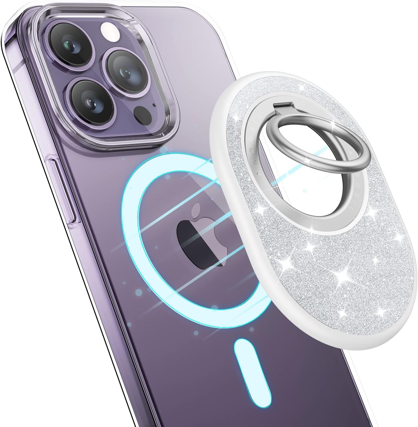 [2023 Newest] Andobil Easyfly Magnetic Phone Grip [Strongest Magnet Power] Gym Cell Phone Finger Ring Holder Compatible with Magsafe Iphone 14 Pro Max 14 13 12, Rotate Kickstand, Carbon Fiber Design  andobil B-Sparkle Silver  