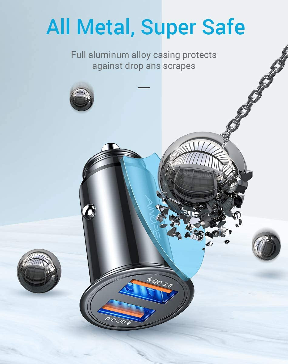 AINOPE USB Car Charger Port Fast Car Charger Fast Charge Cigarette Lighter USB Charger 36W All Metal Mini Quick Charge Compatible with Iphone 14/13/12/11 Pro/11/ X/8, Note 9/20 Galaxy S23/S10/S9  AINOPE   