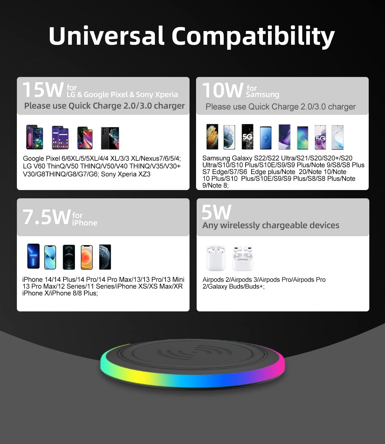 Wireless Charger Pad, 15W Max Fast RGB Wireless Charging Pad Compatible Iphone 14/14 Plus/14 Pro/14 Pro Max/13/13 Mini/Se 2022/12/11/X/8,Samsung Galaxy S22/S21/S20,Airpods 3 2 Pro(No AC Adapter) Black  MMK   