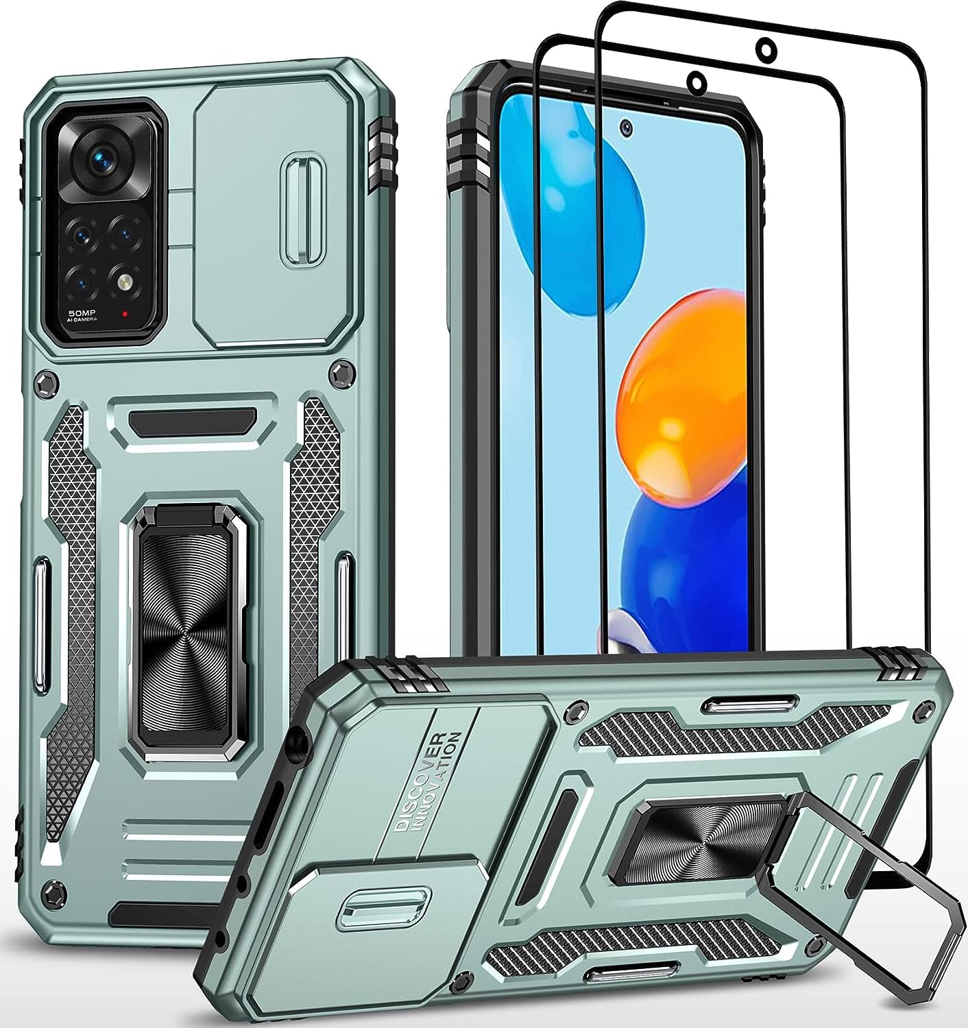 Wefor Xiaomi Redmi Note 11 (4G) Case with Slide Camera Cover, 360°Magnetic Ring Kickstand Upgraded Military Grade Shockproof Case with Magnetic Car Mount Holder (Navy Blue)  Wefor Green  