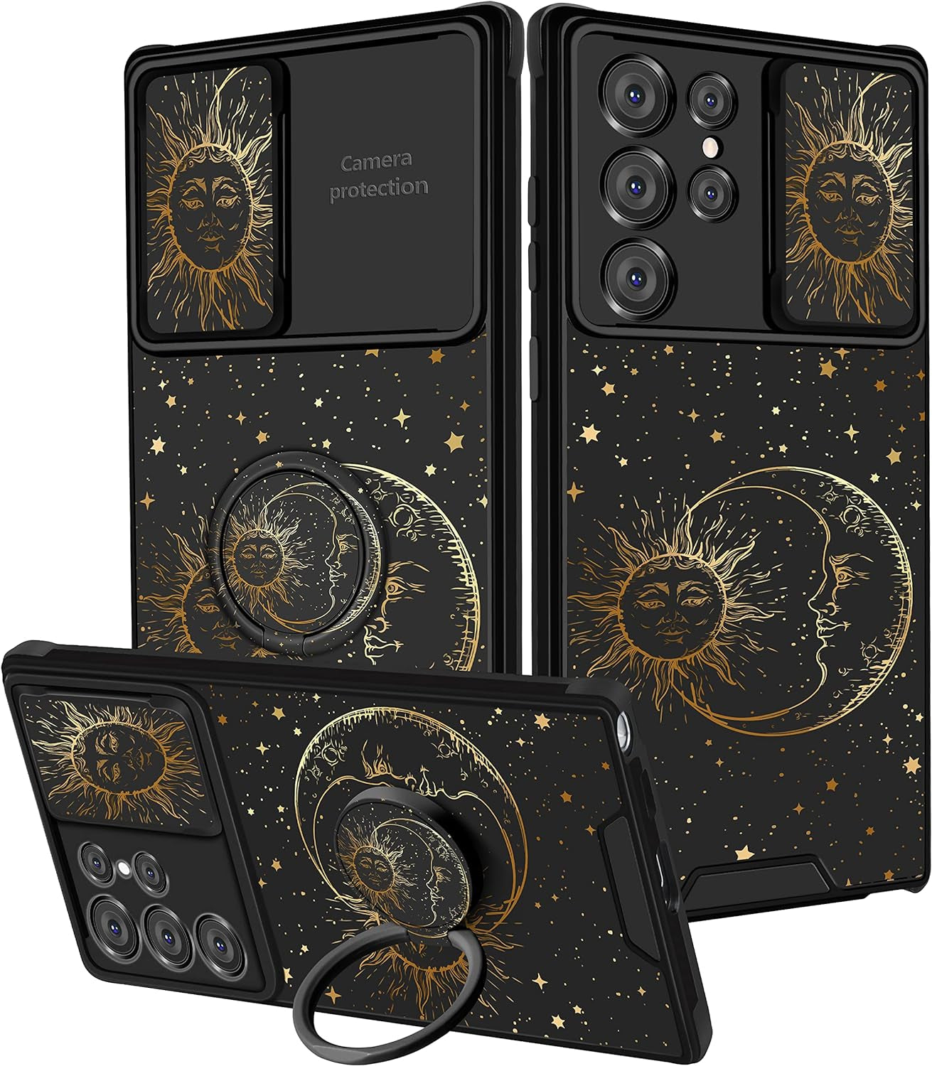 Goocrux (2In1 for Samsung Galaxy S22 Ultra Case Sunflower Floral for Women Girls Girly Phone Cover Cute Flowers Design with Slide Camera Cover+Ring Holder Unique Blue Cases for Galaxy S22 Ultra 6.8''  Goocrux Sun Moon Star  