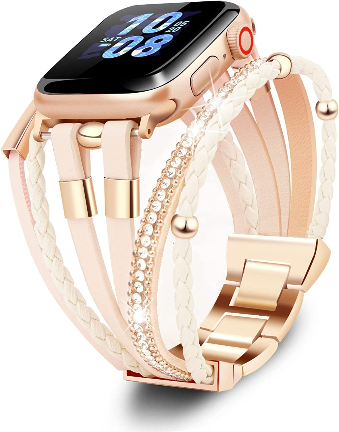 ACEDAX Bracelet Work with Apple Watch Band 44/45Mm, Boho Chic Leather Strap for Apple Watch Ultra Band 49Mm with Silver Metal Buckle,Multilayer Wrap Jewelry for Iwatch Series 8 7 6 SE 5 4 3 Gray Women  ACEDAX Light Pink 38/40/41mm 