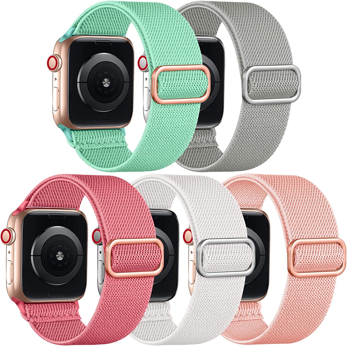 Adorve 5 Pack Stretchy Solo Loop Bands Compatible with Apple Watch Ultral Band 38Mm 40Mm 42Mm 44Mm 41Mm 45Mm 49Mm for Women Men, Soft Nylon Elastic Braided Strap for Iwatch SE Series 8/7/6/5/4/3/2/1  Adorve Pink/White/Peach Red/Mint Green/Light Gray 38mm/40mm/41mm 