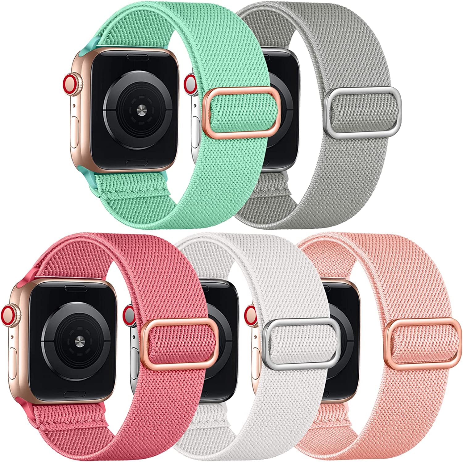 Adorve 5 Pack Stretchy Solo Loop Bands Compatible with Apple Watch Ultral Band 38Mm 40Mm 42Mm 44Mm 41Mm 45Mm 49Mm for Women Men, Soft Nylon Elastic Braided Strap for Iwatch SE Series 8/7/6/5/4/3/2/1  Adorve Pink/White/Peach Red/Mint Green/Light Gray 38mm/40mm/41mm 