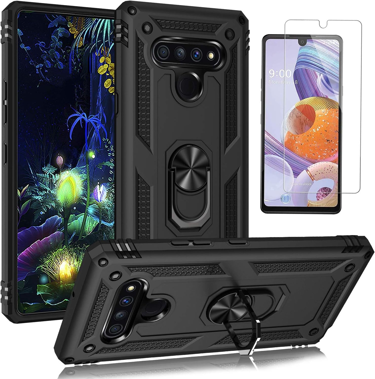 YZOK Compatible with LG Stylo 6 Case,With HD Screen Protector,Military Grade Protective Phone Case with 360 Degree Rotating Metal Ring, Holder Kickstand Cover Case for LG Stylo 6 (Blue)  YZOK Black  