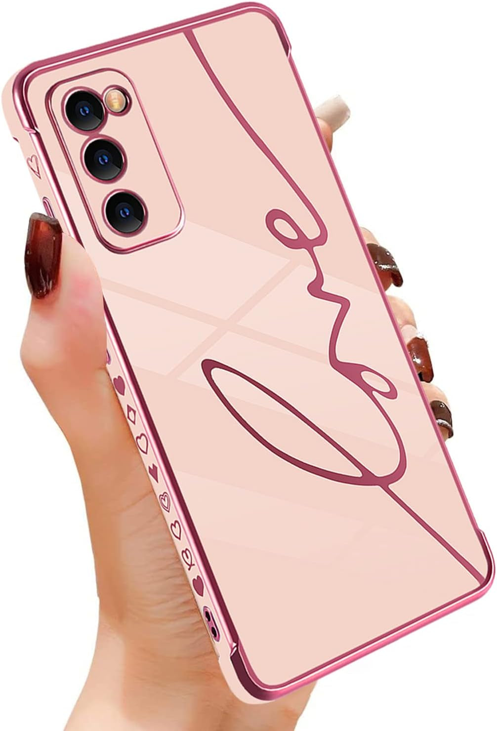 Eiyikof Compatible for Samsung Galaxy S20 FE 5G 6.5" Case with Cute Side Love Heart and Plating Love Letter Pattern Case for Women Girls Shockproof Soft TPU Full Camera Lens Protection Case-Pink  Eiyikof   