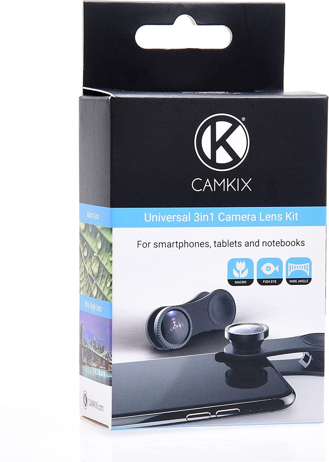 Universal 3 in 1 Cell Phone Camera Lens Kit for Smartphones Including - Fish Eye Lens / 2 in 1 Macro Lens & Wide Angle Lens/Universal Clip/Carry Pouch/Microfiber Cleaning Cloth  CamKix   