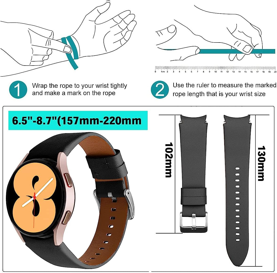 Genuine Leather Bands Compatible for Samsung Galaxy Watch 4 Band 40Mm 44Mm,20Mm Adjustable Sport Replacement Watch Band Straps for Galaxy Watch 4 Classic Band 42Mm 46Mm Women Men  通用   