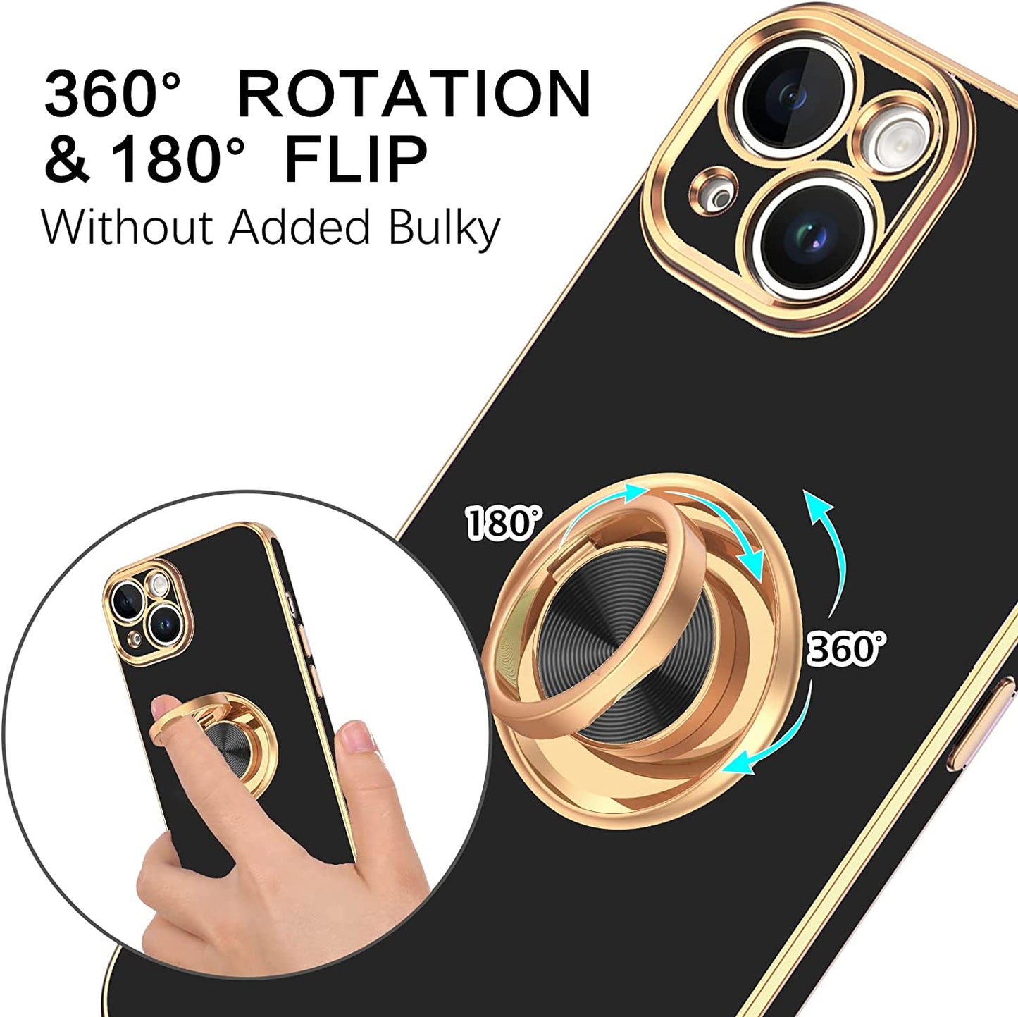 VENINGO Iphone 14 Case,Phone Cases for Iphone 14,Slim Fit Soft 360° Ring Holder Kickstand Magnetic Car Mount Supported Easy Clean Shockproof Protective Cover for Apple Iphone 14 6.1" 2022,Black/Golden  VENINGO   