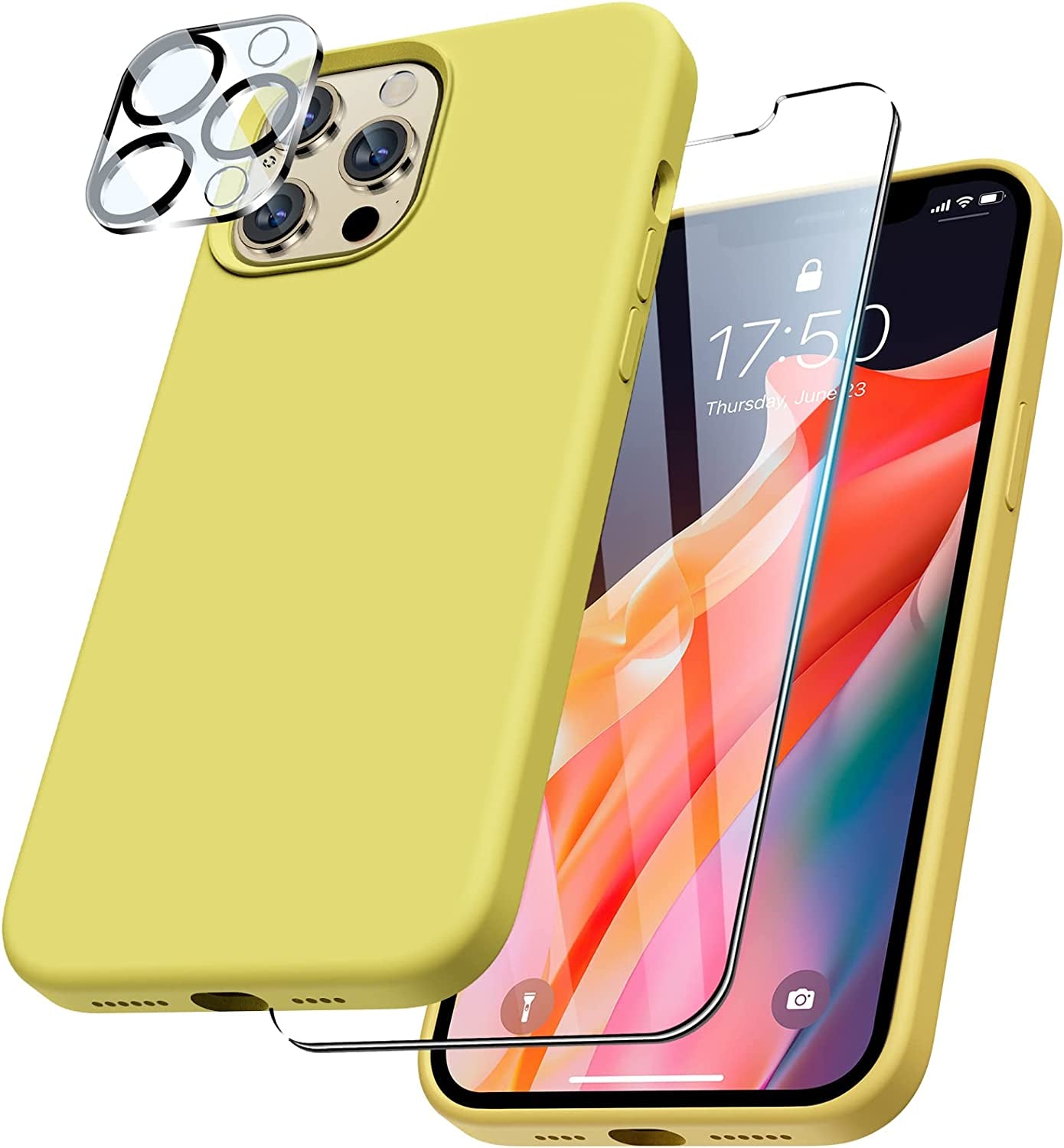 Uyiton [5 In1] Liquid Silicone Iphone 12 Pro Max Case, [Drop Protection] [Full Covered] Shockproof Slim Thin Cover with Microfiber Lining, with 2Xscreen Protector +2Xcamera Lens Protector-Yellow  Uyiton   