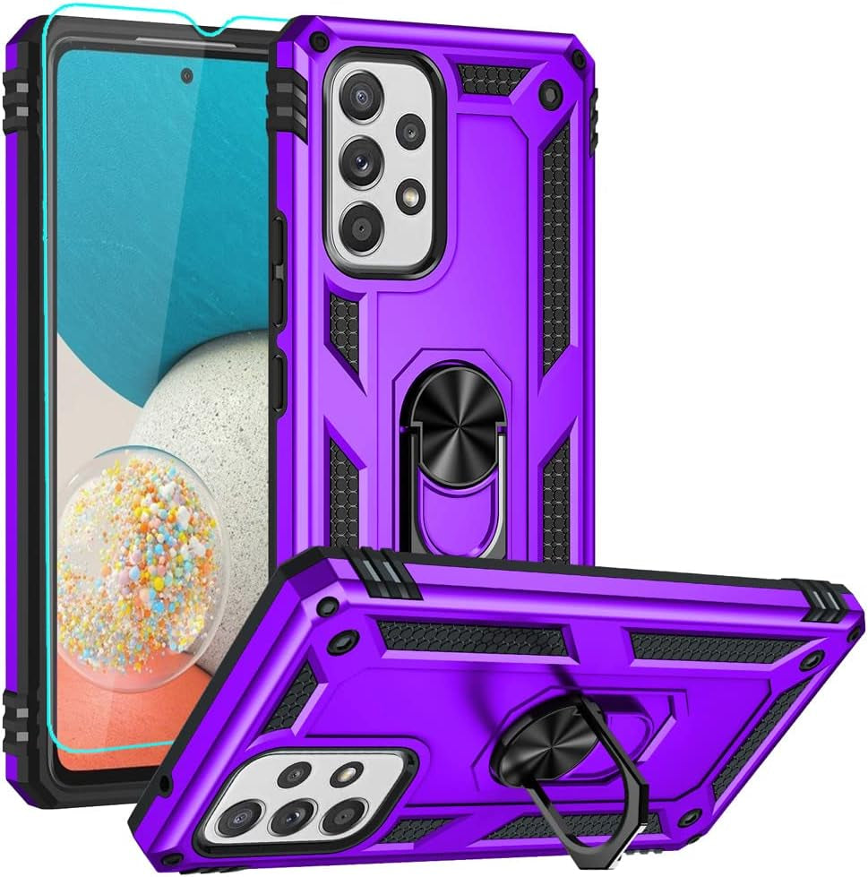 Androgate for Galaxy A53 5G Case, Samsung A53 5G Case with HD Screen Protector, Military-Grade Ring Holder Kickstand Car Mount 15Ft Drop Tested Shockproof Cover Phone Case for Galaxy A53 5G, Blue  E&M Tek Purple  