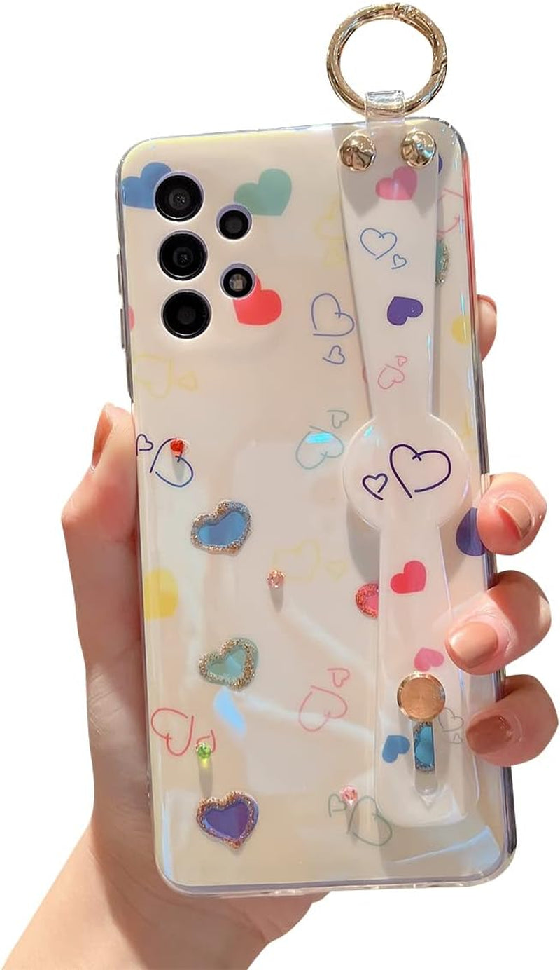 Lastma for Samsung Galaxy A53 Case 5G 6.5" Cute with Wrist Strap Kickstand Case Glitter Bling Cartoon IMD Soft TPU Shockproof Protective Phone Cases Cover for Girls and Women - Sunflower  Lastma Heart  