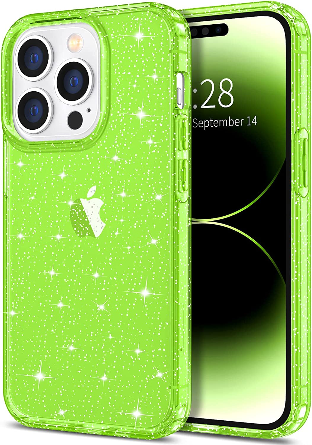 Hython Case for Iphone 14 Pro Max Case Glitter, Cute Sparkly Clear Glitter Shiny Bling Sparkle Cover, Anti-Scratch Soft TPU Slim Fit Shockproof Protective Phone Cases for Women Girls, Black Glitter  Hython Fluorescent Green  