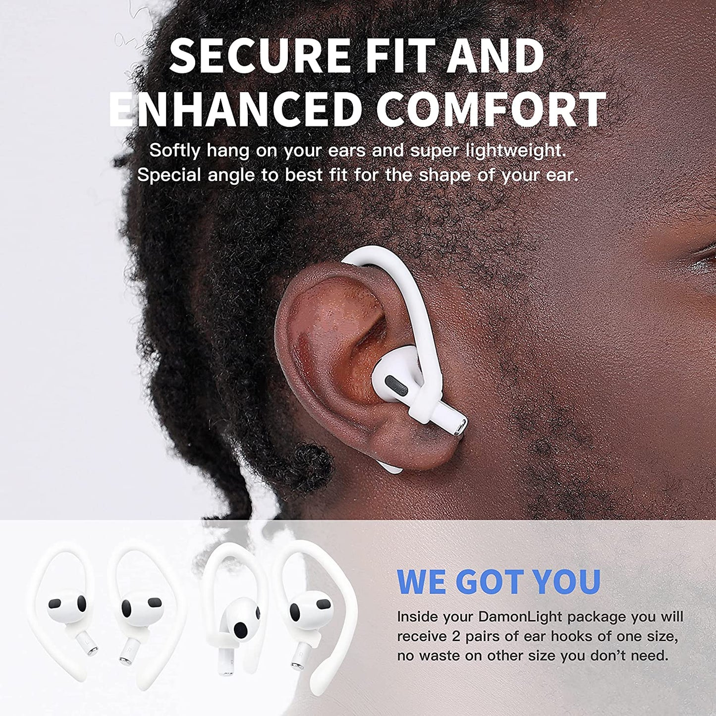 [2 Pairs] Damonlight Ear Hooks for Airpods Pro 2 & 1, Airpods 3 & 2 & 1, Airpod Ear Hook, Anti-Slip Comfortable Fit, Ergonomic Design, Airpods Accessories (Medium, White)  DamonLight   