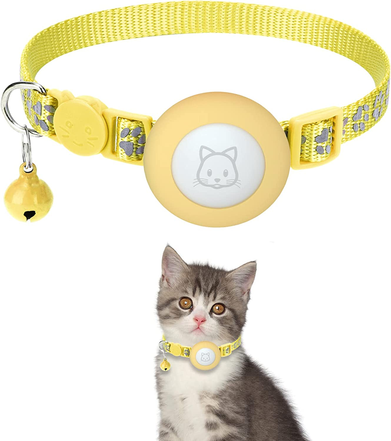 Airtag Cat Collar with Breakaway Bell, Reflective Paw Pattern Strap with Air Tag Case for Cat Kitten and Extra Small Dog (Pink Reflective Paw)  Kuaguozhe US Yellow Reflective Paw  