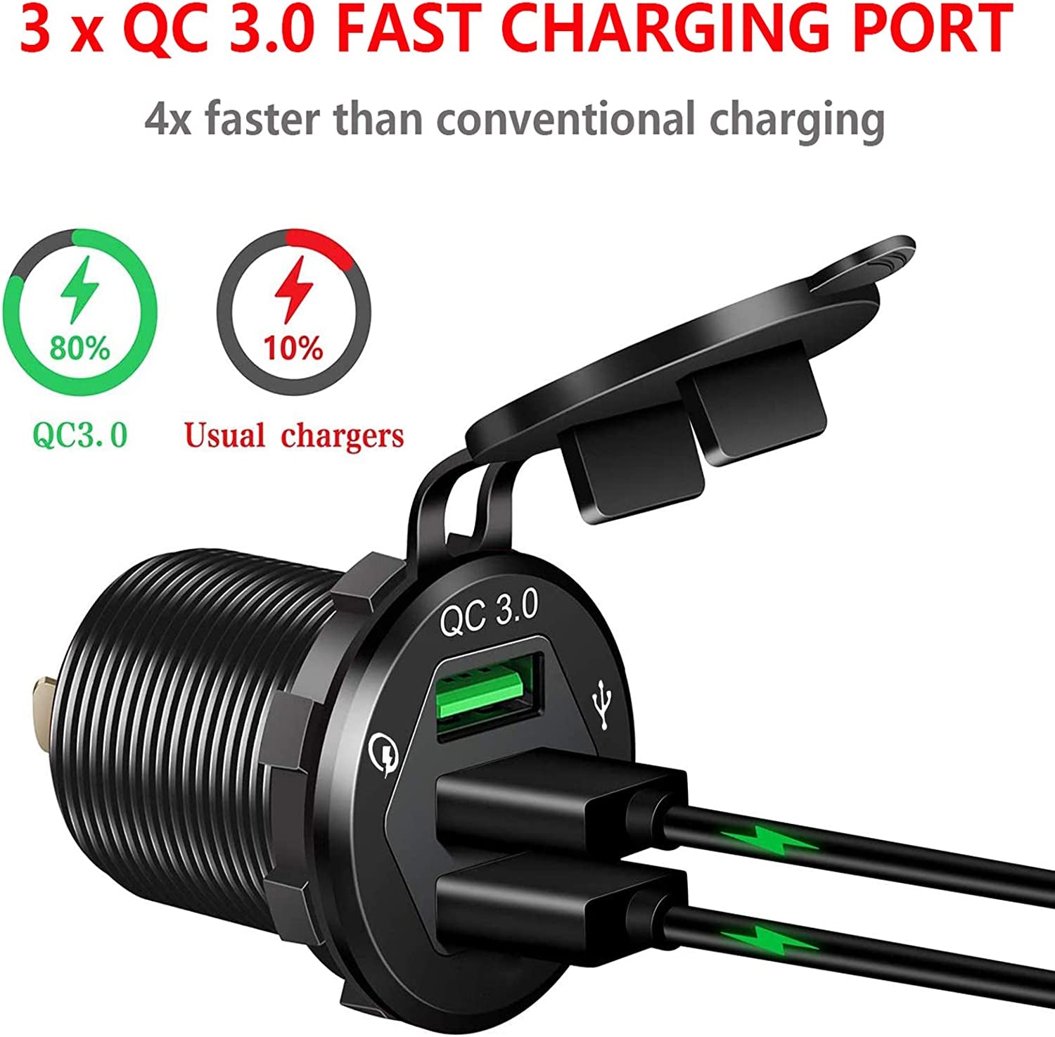 3 USB 3.0 Car Charger, 12V/24V 36W QC3.0 USB Charger Socket, 3 X USB 3.0 Socket Charger USB Outlet Fast Charge with 10A Wire Fuse Aluminum (Black)  Speedcur   