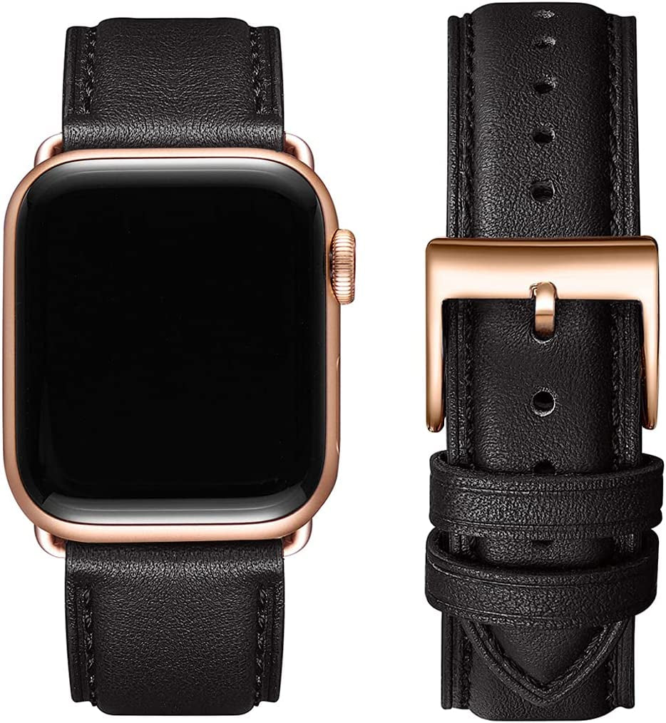 OMIU Square Bands Compatible with Apple Watch Band 38Mm 40Mm 41Mm 42Mm 44Mm 45Mm 49Mm, Genuine Leather Wristband Starp for Iwatch SE Series 8 7 6 5 4 3 2 1 Utral for Women Men(Ivory White/Rose Gold)  BestWayStore Black/Rose Gold 42mm 44mm 45mm 49mm 