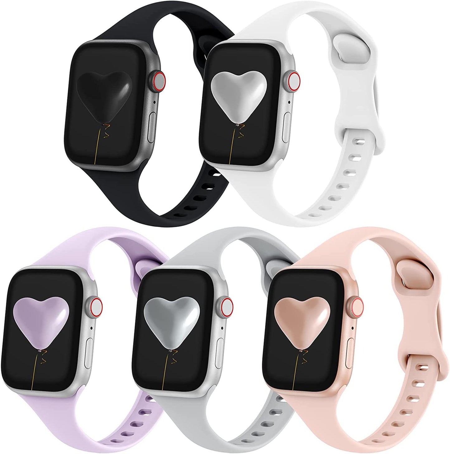 Qrose 5 Pack Bands Compatible with Apple Watch 38Mm 40Mm 41Mm 42Mm 44Mm 45Mm 49Mm, Slim Thin Narrow Replacement Silicone Sport Strap Wristbands for Iwatch Series Ultra 8/7/6/5/4/3/2/1 SE Women Men  QRose Black/White/Lavender/Gray/Pink Sand 38mm/40mm/41mm 