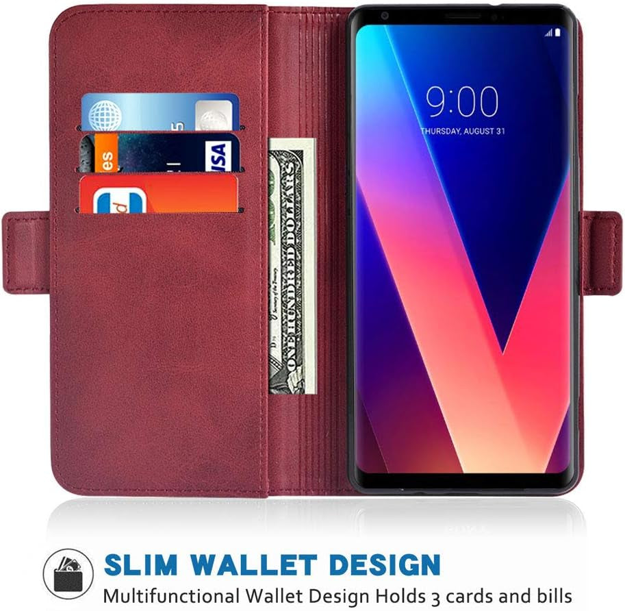 Phone Case for LG V30 Thinq V35 plus Leather Wallet Cases with Tempered Screen Protector Accessories Card Holder Full Body Flip Folio Cover LGV30 LGV35 LG30 LG35 V 30 35 V30+ V30S H931 Women Men Red  FDC   