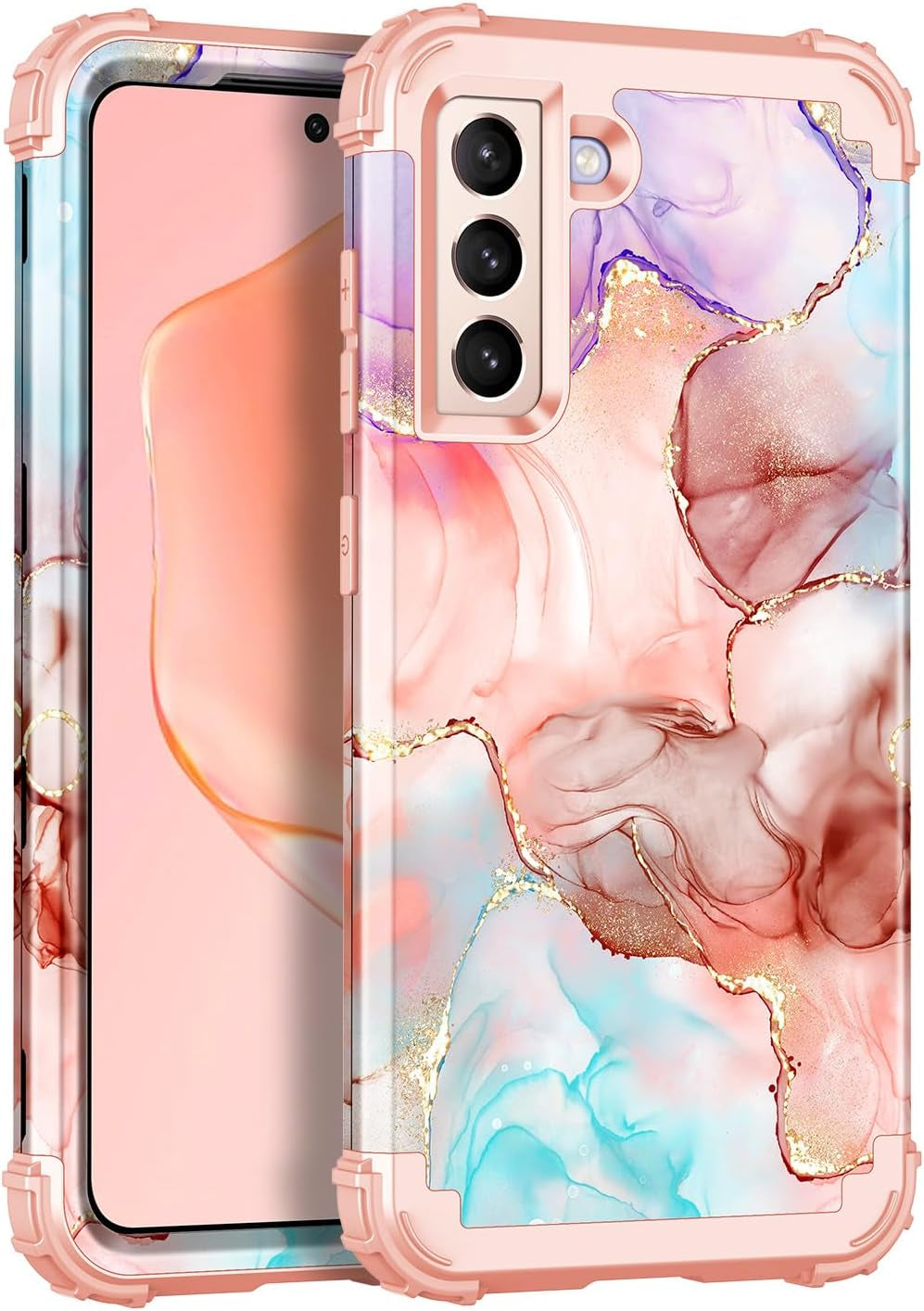 Casetego for Galaxy S21 5G Case,Floral Three Layer Heavy Duty Sturdy Shockproof Soft Tpu+Hard PC Protective Cover Case for Samsung Galaxy S21 5G 6.2 Inch,Orange/Black  Casetego B-Rose Gold  