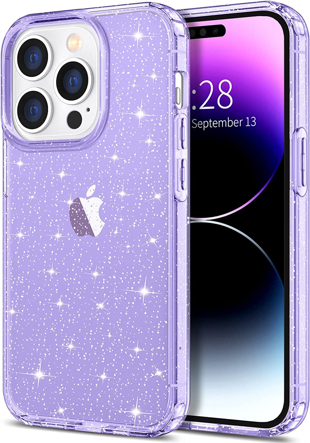 Hython Case for Iphone 14 Pro Max Case Glitter, Cute Sparkly Clear Glitter Shiny Bling Sparkle Cover, Anti-Scratch Soft TPU Slim Fit Shockproof Protective Phone Cases for Women Girls, Black Glitter  Hython Purple Glitter  