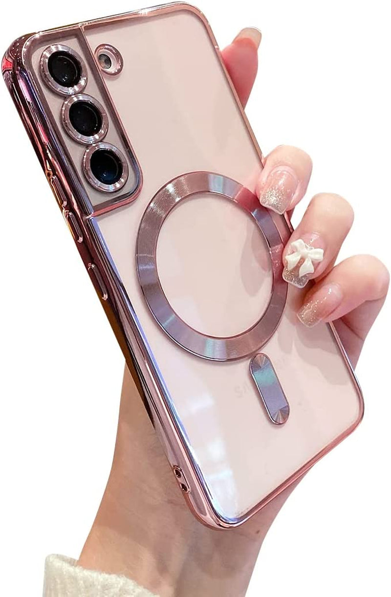 Threehundred for Samsung Galaxy S22 plus Case Magnetic Clear with Camera Lens Protector Full Protection Magsafe Electroplated Silicone Slim Fit Shockproof Protective Case Cover 6.6 Inch - Pink  Threehundred   