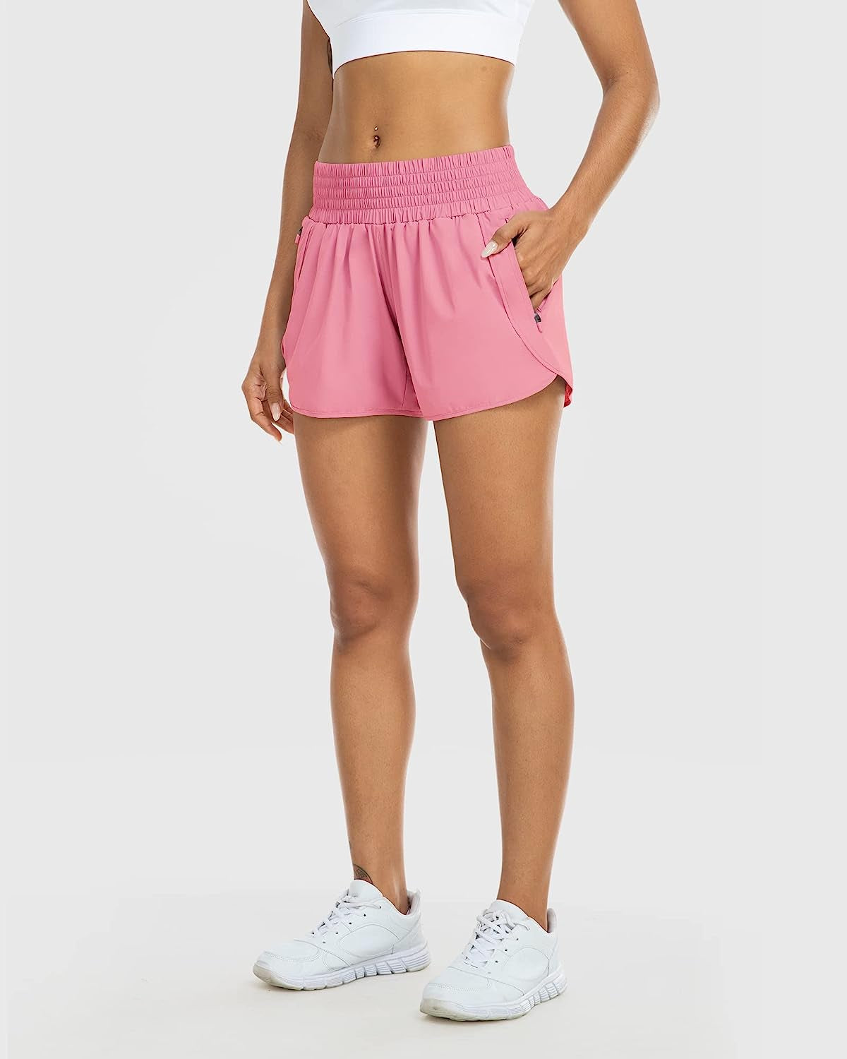 YEZII Athletic Shorts for Women with Pockets High Waist Running Workout Shorts Gym Yoga White Summer Shorts  YEZII   