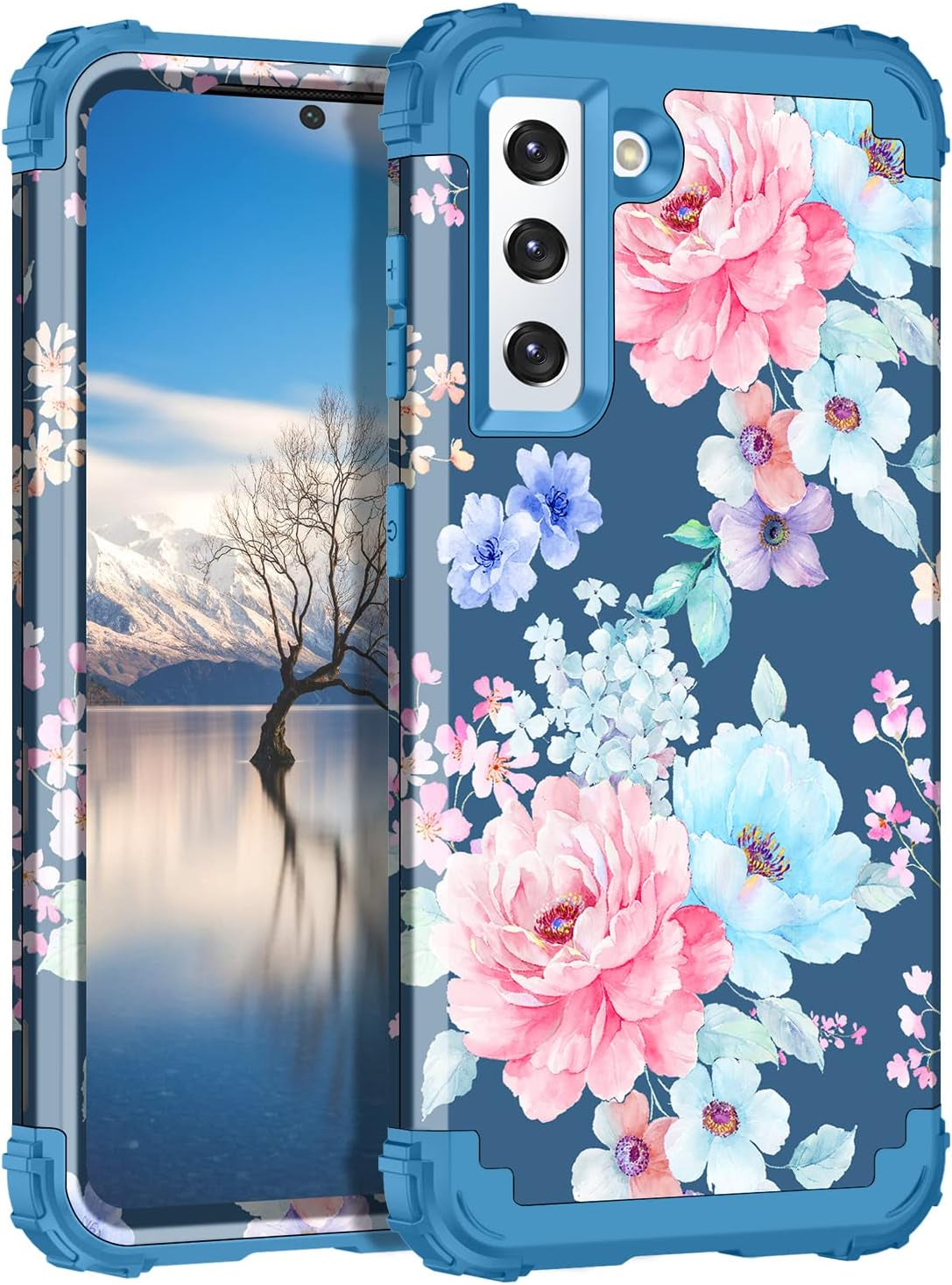 Rancase for Galaxy S21 plus 5G Case,Three Layer Heavy Duty Shockproof Protection Hard Plastic Bumper +Soft Silicone Rubber Protective Case for Samsung Galaxy S21 plus 5G 6.7 Inch,Black  Rancase Navy Blue Flower  