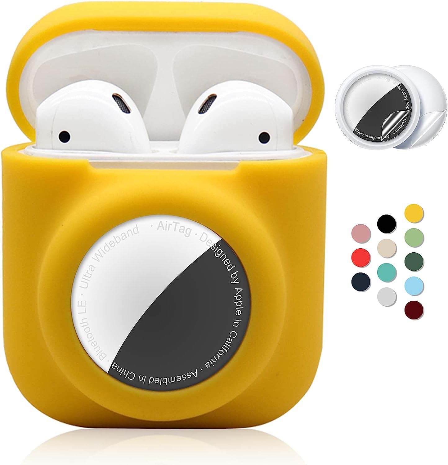 2 in 1 Silicone Protective Skin Cover Compatible with Airpod 1&2 and Airtag, Soft Comprehensive Protective Case with 2 PCS TPU Screen Protector, Anti-Scratch Anti-Fall Anti-Lost(Black)  Enspito Yellow  