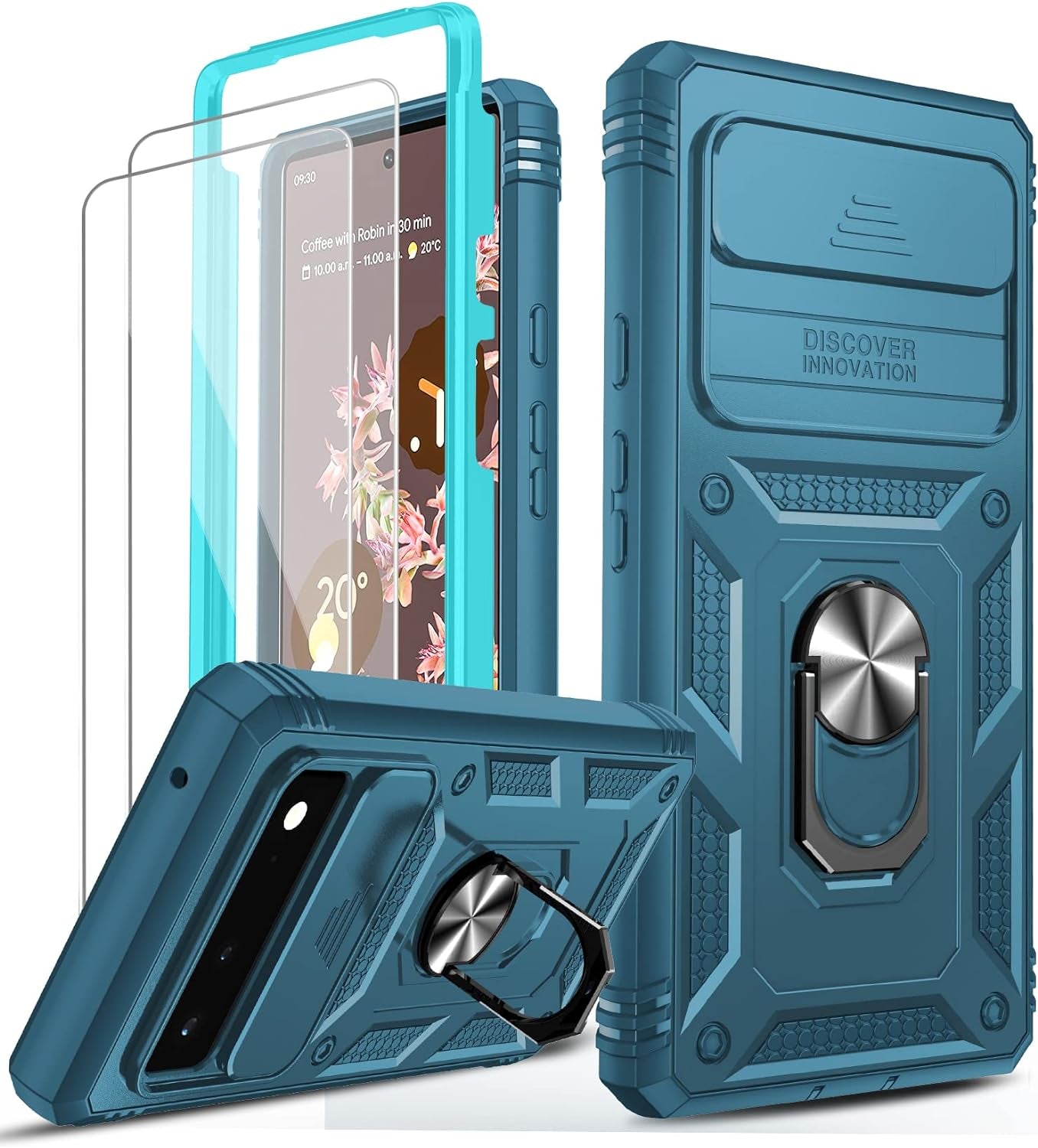 Leyi for Google Pixel 6 Case: Case for Pixel 6 with Slide Camera Cover + [2 Packs] Tempered Glass Screen Protector, 360 Full Body Military-Grade Phone Case with Kickstand for Google Pixel 6, Red  LeYi Sea Blue Google Pixel 6 