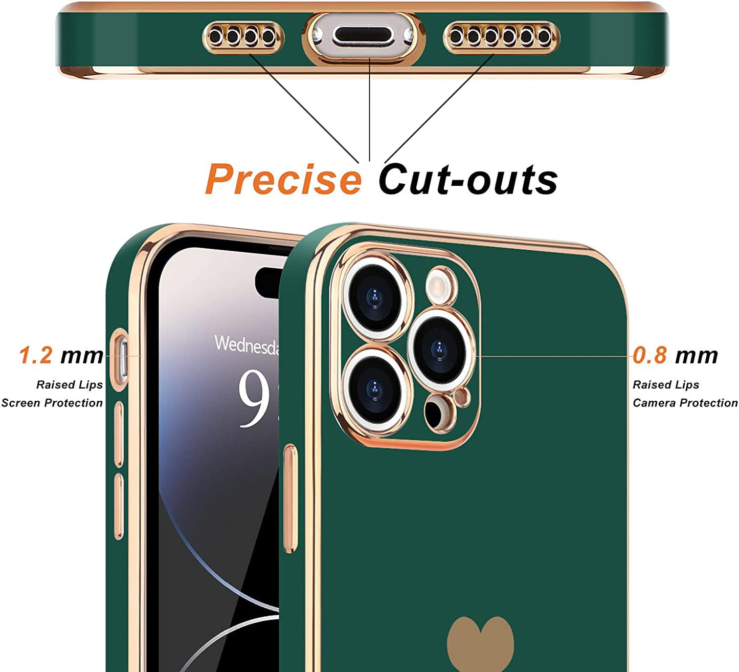 Teageo Iphone 14 Pro Case - Luxury Love Heart Design, Bling Back Cover, Camera Protection, Shockproof, Blackish Green  janzee   