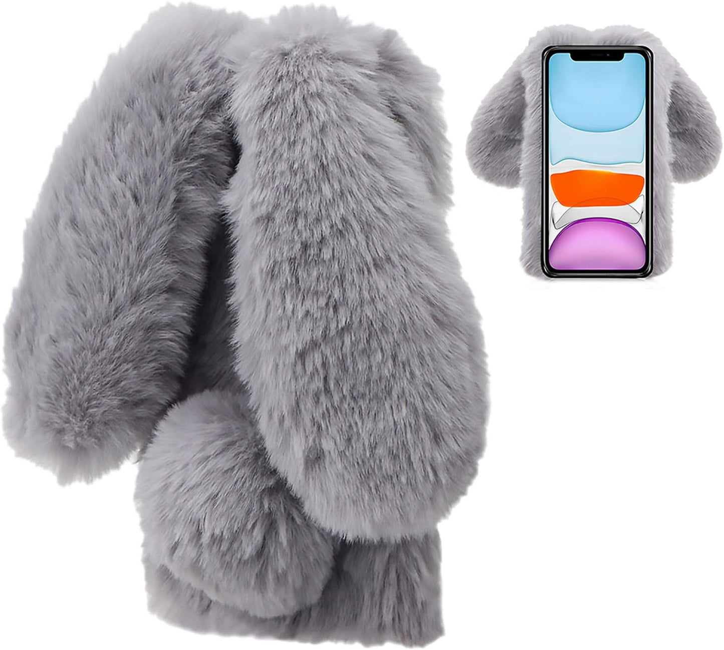 LCHDA Rabbit Case for Google Pixel 4A 5G / Pixel 5XL, Cute 3D Bunny Ears Soft Furry Hairball Fuzzy Warm Winter Faux Fur Plush Fluffy Flexible TPU Bumper Women Girls Protective Skin Cover - Black  LCHDA Grey  