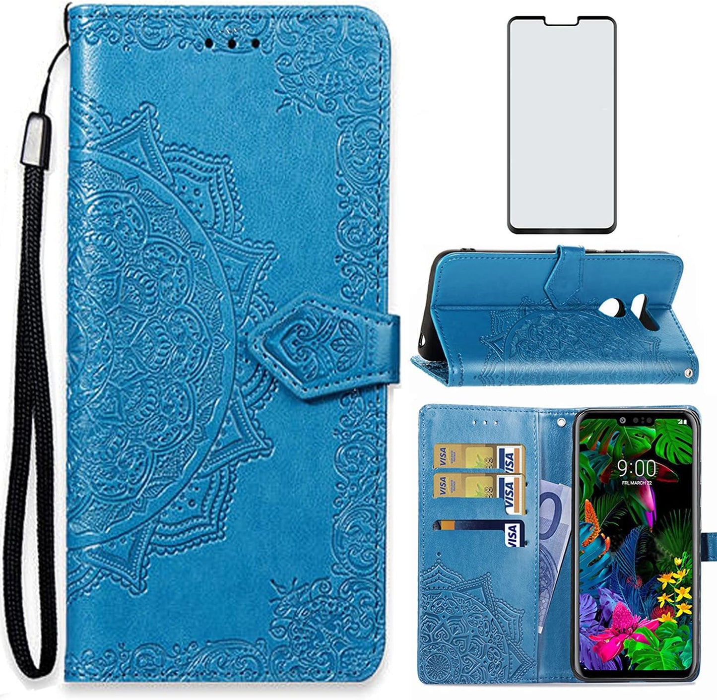 Asuwish Compatible with LG G8 Thinq Wallet Case Tempered Glass Screen Protector and Leather Flip Cover Card Holder Stand Cell Phone Cases for LGG8 Thin Q G 8 LG8 G8Thinq Lgg8Thinq 8G Women Men Blue  Asuwish   