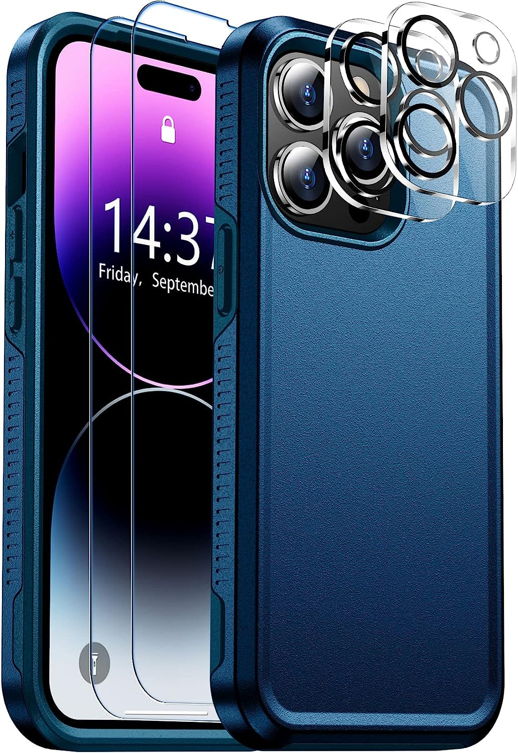 Justcool Designed for Iphone 14 plus Case, [Crystal Clear Not Yellowing] with [2 Pcs Tempered Glass Screen Protectors & 2 Pcs Camera Lens Protector] Slim Thin Protective Phone Case (Clear)  Justcool Sea Blue Iphone 14 Pro 