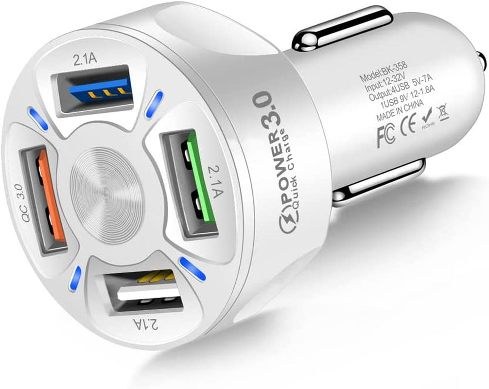 4-Port Car Charger Adapter,Qc3.0 Fast Charging with LED Light Display Cigarette Lighter USB Charger Compatible with Iphone 14 Pro MAX/13 Macbook Pro Ipad Pro Galaxy All Smart (Black)  Shenzhen Baixas Technology Co., Ltd White  