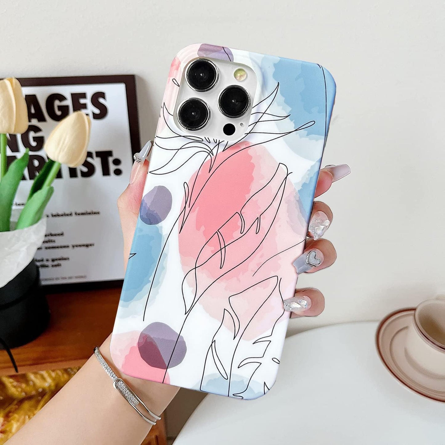 J.West Iphone 14 Pro Case 6.1, Aesthetic Watercolor Minimalist Boho Modern Abstract Prints Slim Geo Line Plant Palm Leaf Pattern Blue Pink Soft TPU Shockproof Cover Protective Phone Case for Women  J.west   