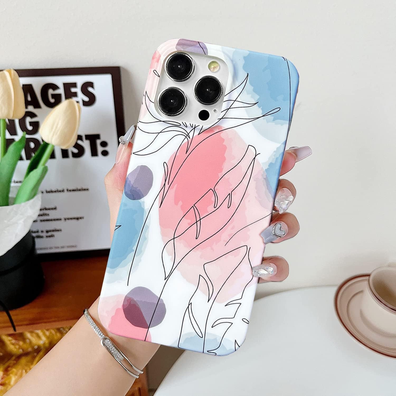 J.West Iphone 14 Pro Case 6.1, Aesthetic Watercolor Minimalist Boho Modern Abstract Prints Slim Geo Line Plant Palm Leaf Pattern Blue Pink Soft TPU Shockproof Cover Protective Phone Case for Women  J.west   