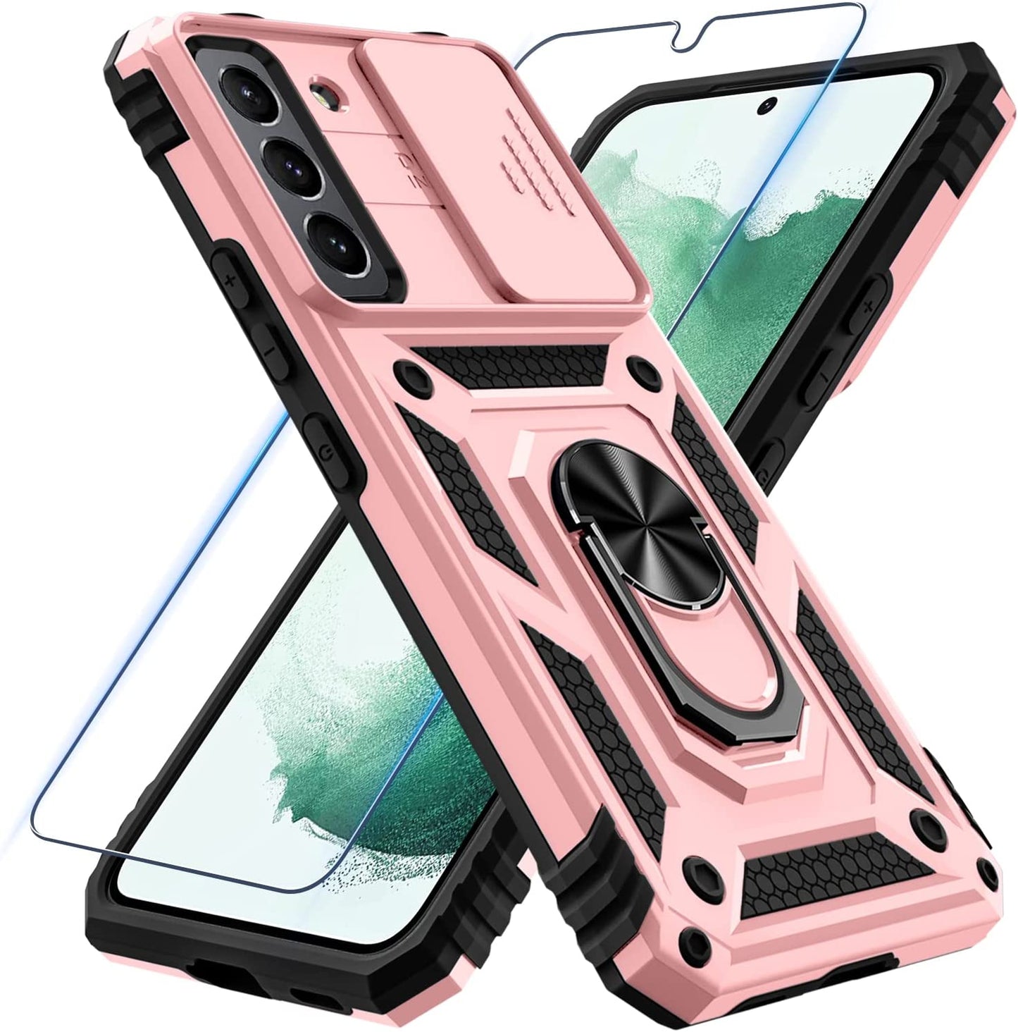 Samsung Galaxy S22 Case with Screen Protector Tempered Glass [Not for S22+] ,Heavy Duty Shockproof Full Body Phone Cover[Dual Layer][Hard PC Back],Built in Finger Ring Stable Kickstand,2022 Black  Janmitta B-Rose Gold  