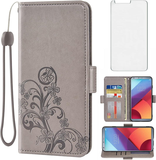 Asuwish Compatible with LG G6 Wallet Case and Tempered Glass Screen Protector Flip Purse Accessories Wrist Strap Card Holder Cell Phone Cover for LGG6 Thinq LG6 Thin Q G 6 plus G6+ 6G VS988 H872 Grey  Asuwish   