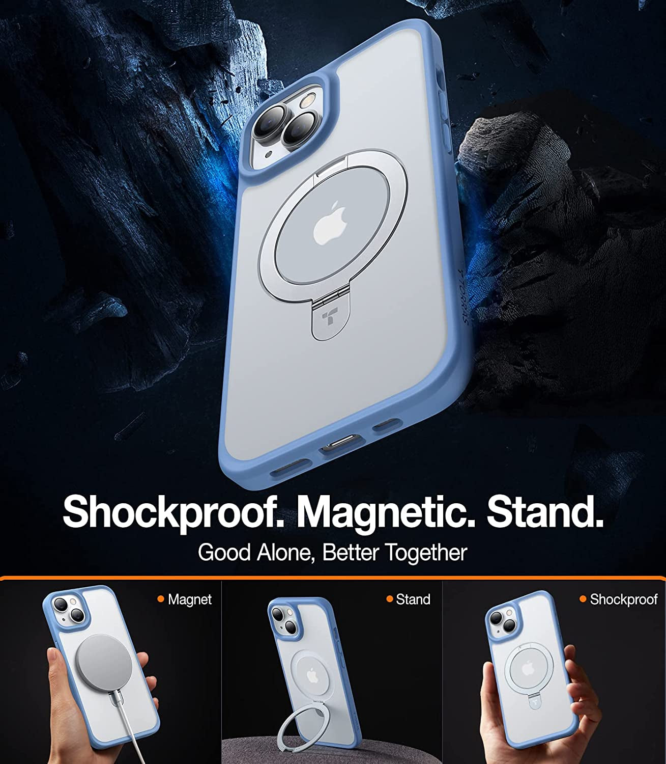 TORRAS Magnetic UPRO Ostand for Iphone 14 Case/Iphone 13 Case 6.1 Inch, [Compatible with Magsafe] Matte Hard Back with Soft Silicone Edge Protective yet Slim Kickstand Phone Cases for Iphone 14, Blue  TORRAS   
