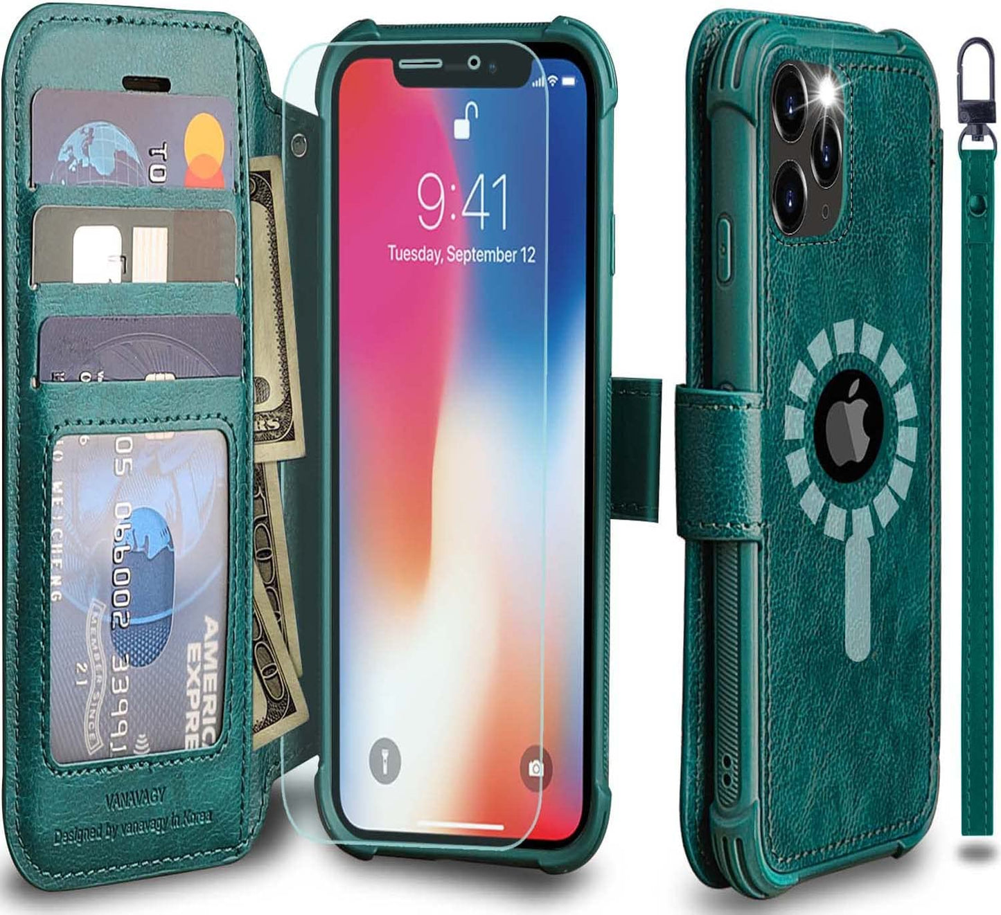VANAVAGY Iphone 13 Pro Wallet Case Magsafe,Leather Flip Folio Phone Cover Supports Magsafe and Wireless Charging with RFID Block Card Holder and Wrist Strap,Rosegold  VANAVAGY Midnight Green(Not for 13 Pro Max or iPhone 13)  