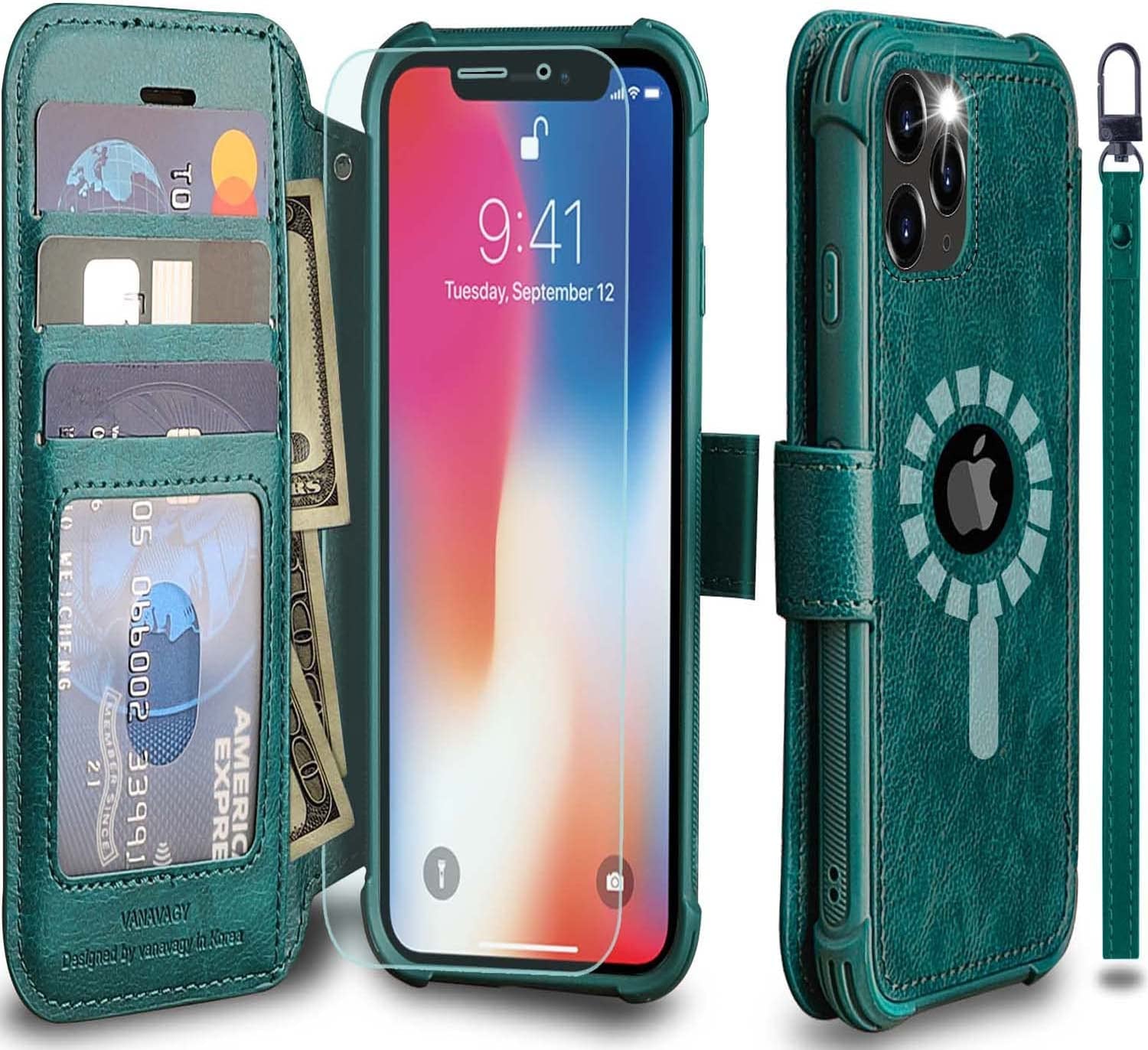 VANAVAGY Iphone 13 Pro Wallet Case Magsafe,Leather Flip Folio Phone Cover Supports Magsafe and Wireless Charging with RFID Block Card Holder and Wrist Strap,Rosegold  VANAVAGY Midnight Green(Not for 13 Pro Max or iPhone 13)  