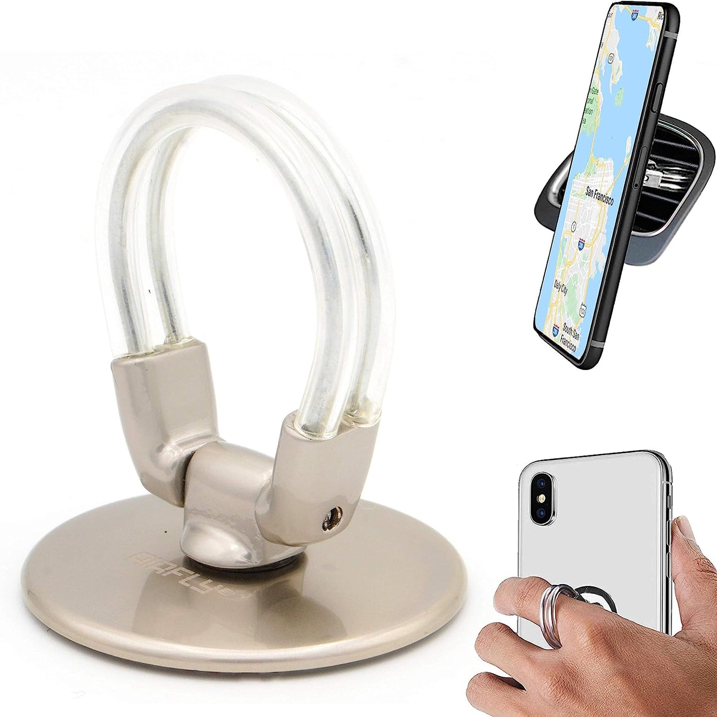 Airfly Phone Finger Ring Holder, 4 in 1, Universal Metal Phone Ring, Table Stand Kickstand, Car Vent Mount, Finger Grip Compatible All Smartphones, Black  AirFly SF Gray Matte  