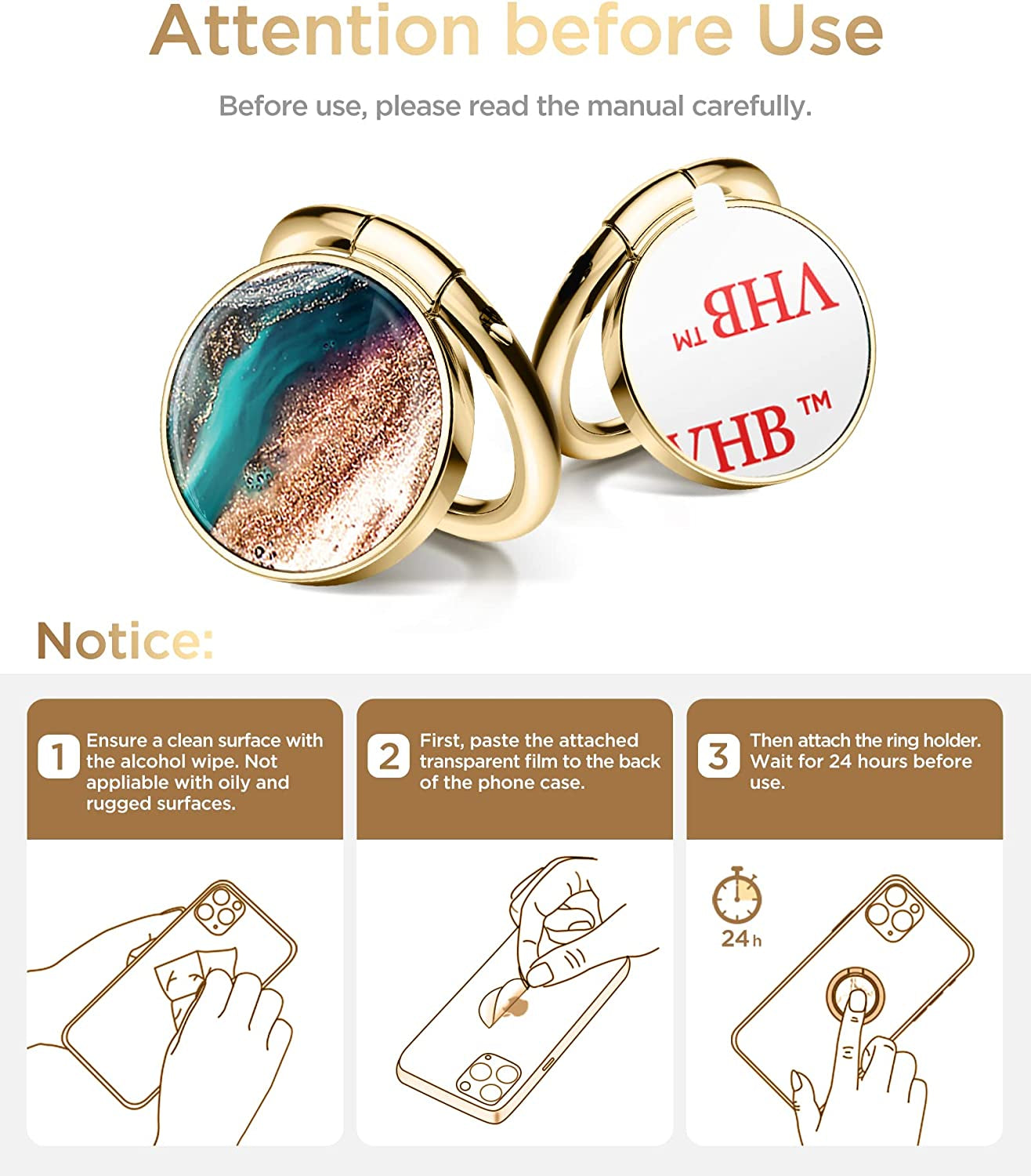 GVIEWIN Marble Cell Phone Ring Holder, Metal Kickstand Grip for Magnetic Car Mount Compatible with Iphone 14 Pro Max/14 Plus/13/12 Series & Galaxy S22/S23 Ultra and Other Smartphones(Drift Sand/Brown)  GVIEWIN   