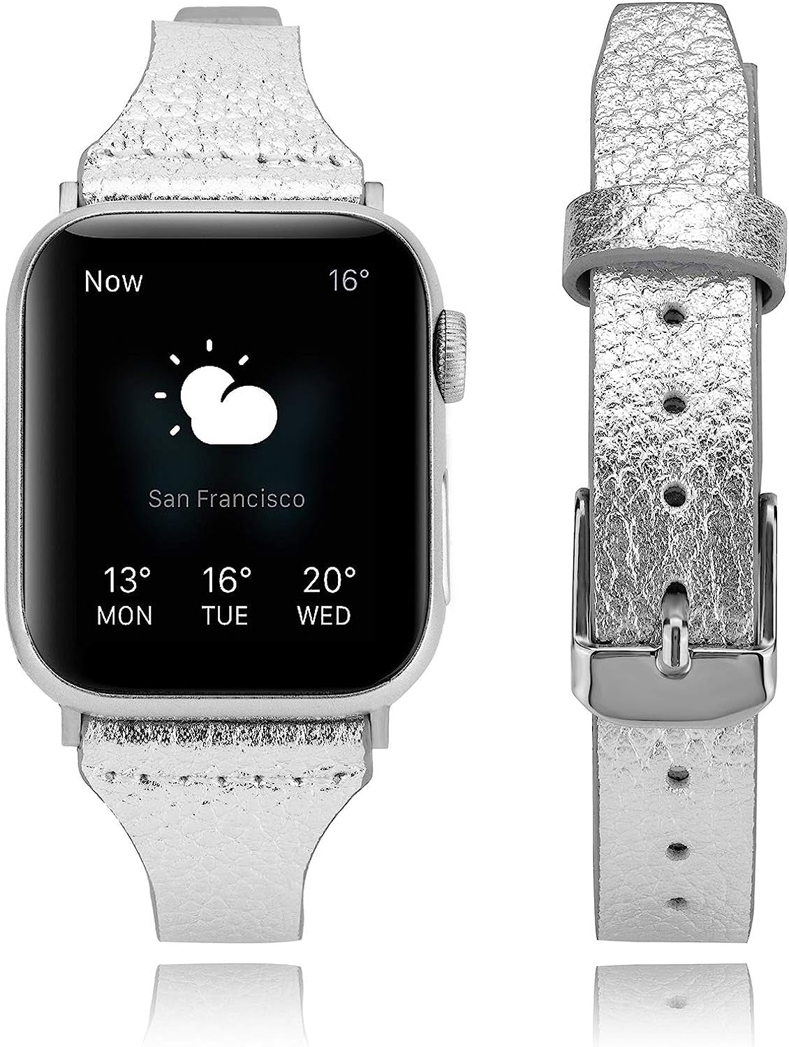 Tinoband Slim Genuine Leather Bands Compatible with Apple Watch Band 38Mm/40Mm/41Mm, 42Mm/44Mm/45Mm for Women Men, Leather Watch Band Replacement Strap for Iwatch Series 7/SE/6/5/4/3/2/1  TinoBand Sparkle Silver 42mm/44mm/45mm 