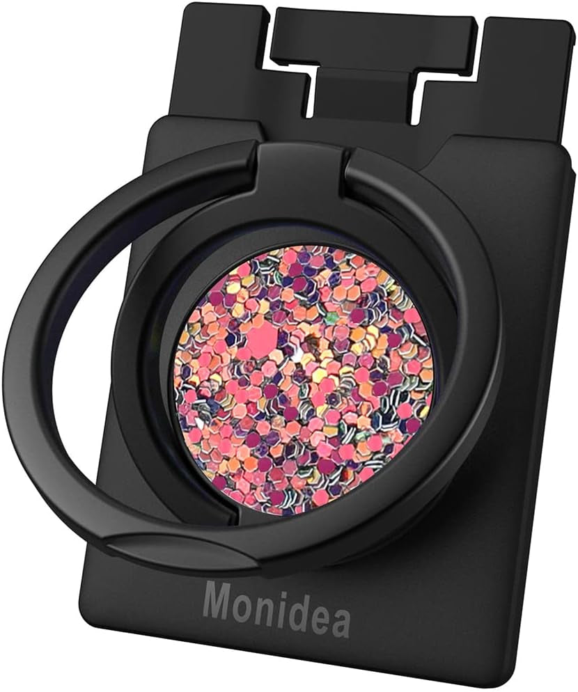 Monidea Phone Ring Holder, Phone Grip Finger Kickstand Wireless Charging Friendly, 360°Rotation Metal Phone Ring Grip Stand Work with Magnetic Car Mount for Iphone Samsung Ipad Tablets & More - Black  MonIdea Sparkle - Rose  
